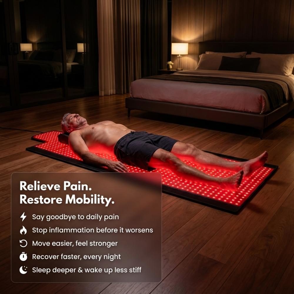 Man lying on a red light therapy mat in a bedroom with text about pain relief and mobility.